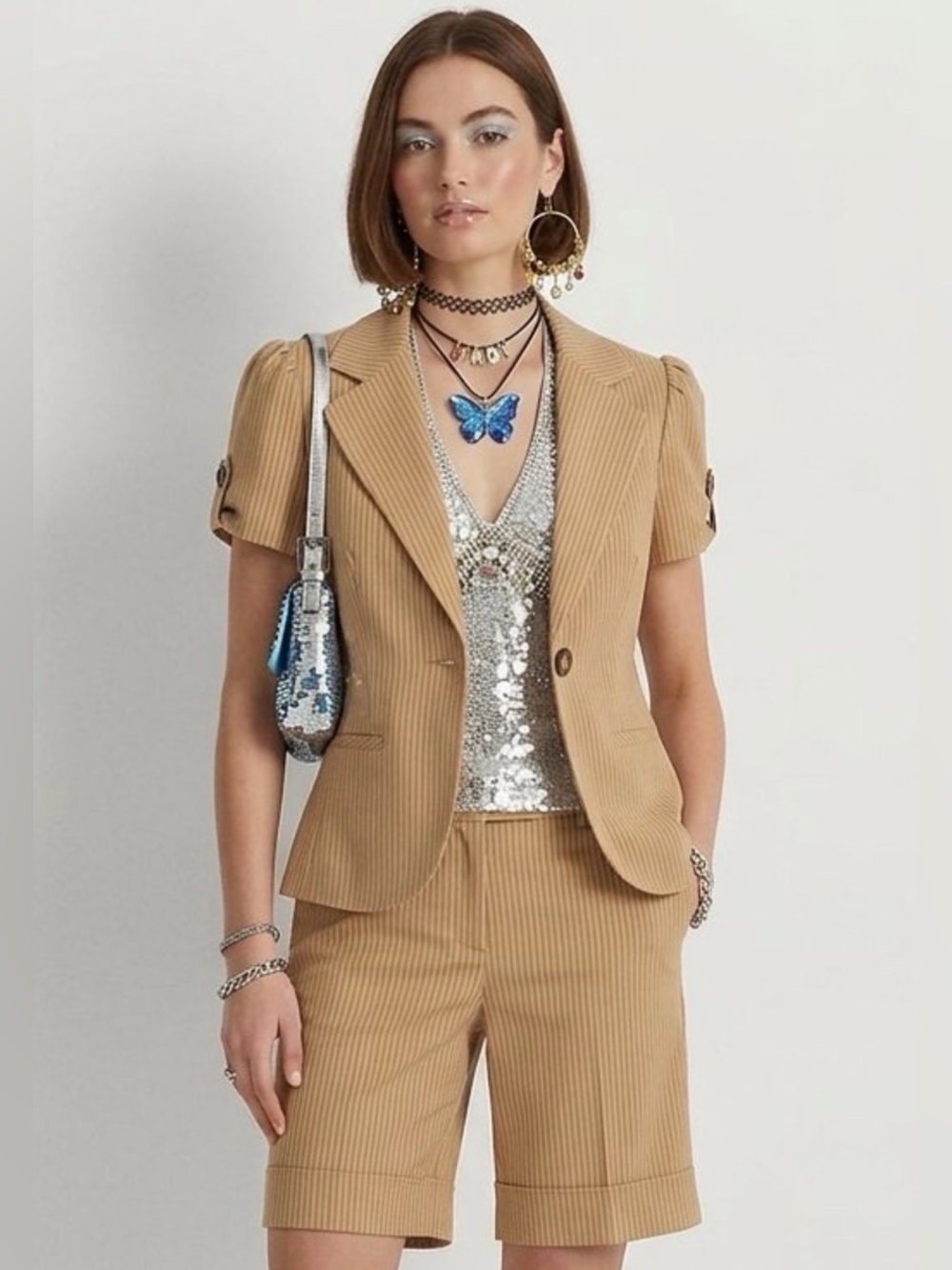 Y2K 2000’s BCX Tan Pinstripe Demi Short Sleeve Capri Shorts Suit / Pantsuit